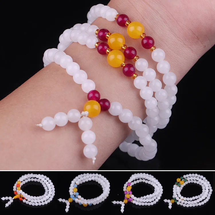 Браслет Xinjiang из белого нефрита с бусинами 108 Золотое шелковое Нефритовое