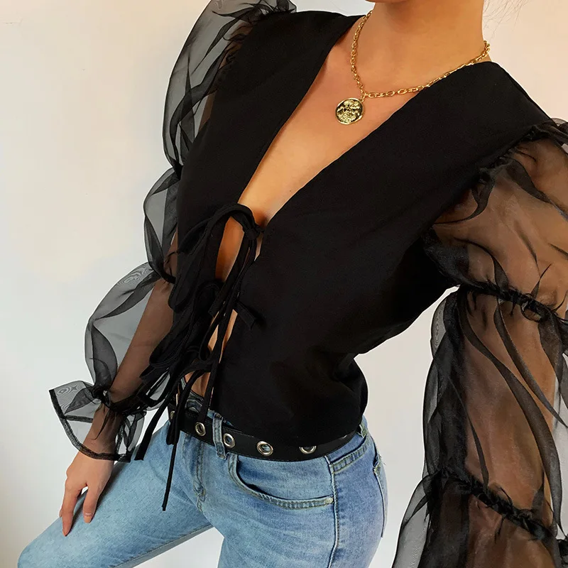 

Bomblook 2020 women autum cotton bandage blouse big long slush lantern sleeve adjustable lace up strap crop top White Summer
