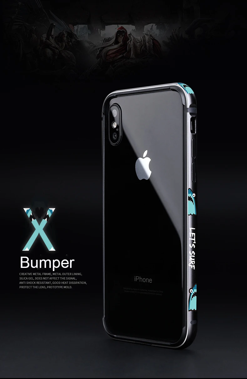 Металлический бампер для телефона с акулой для iPhone XR, чехол для телефона s для iPhone XS Max, чехол с мультяшным рисунком, алюминиевая силиконовая рамка, чехол