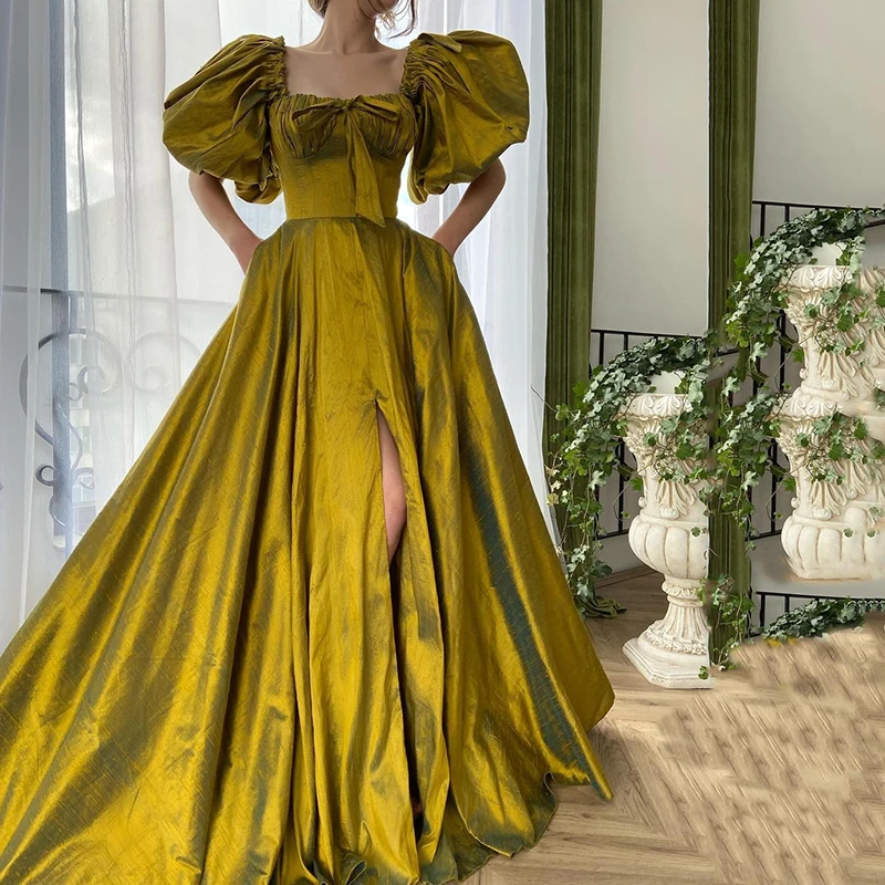 

Elegant Square Neck Bubble Sleeves Satin Prom Dress New Arrival A-Line Split Long Evening Dress Plus Size Draped Party Dress