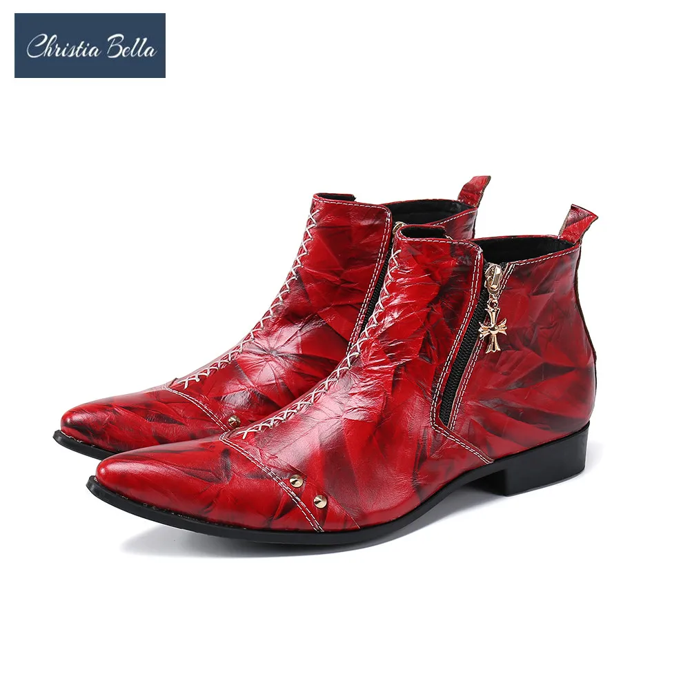 

Christia Bella British Fashion Red Real Leather Party Ankle Boots For Men Pointed Toe Rivets Short Boots Club Motorcycle Boots