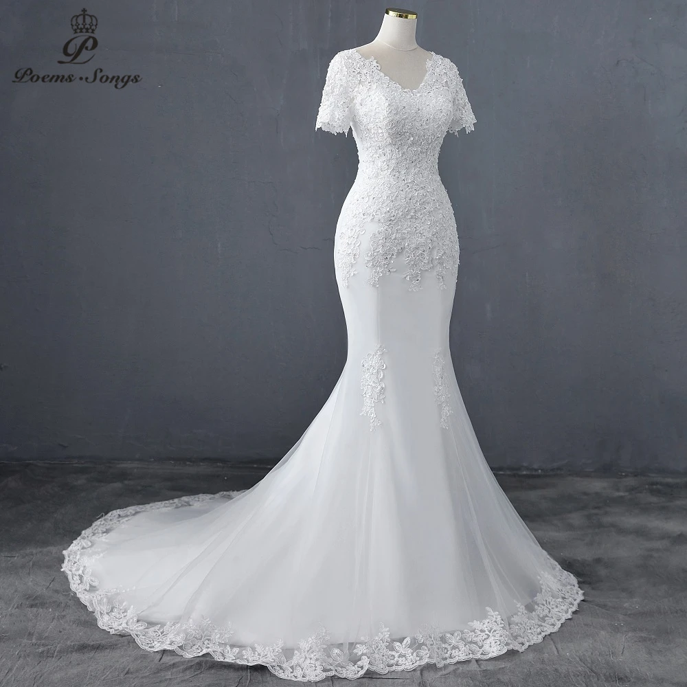 Женское свадебное платье-русалка с аппликацией и коротким рукавом | Свадьбы