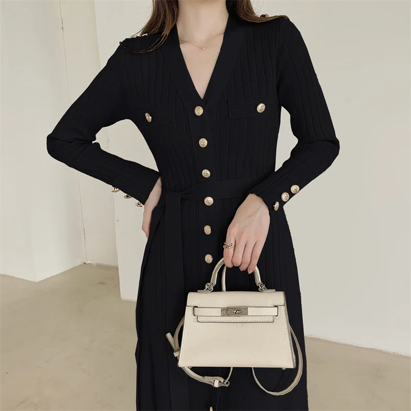 

Female Elegant Social Knit Dress Slim High Waist Bandage Dress Office Lady Single Breasted Vestidos V-neck Sexy Dresses Woman