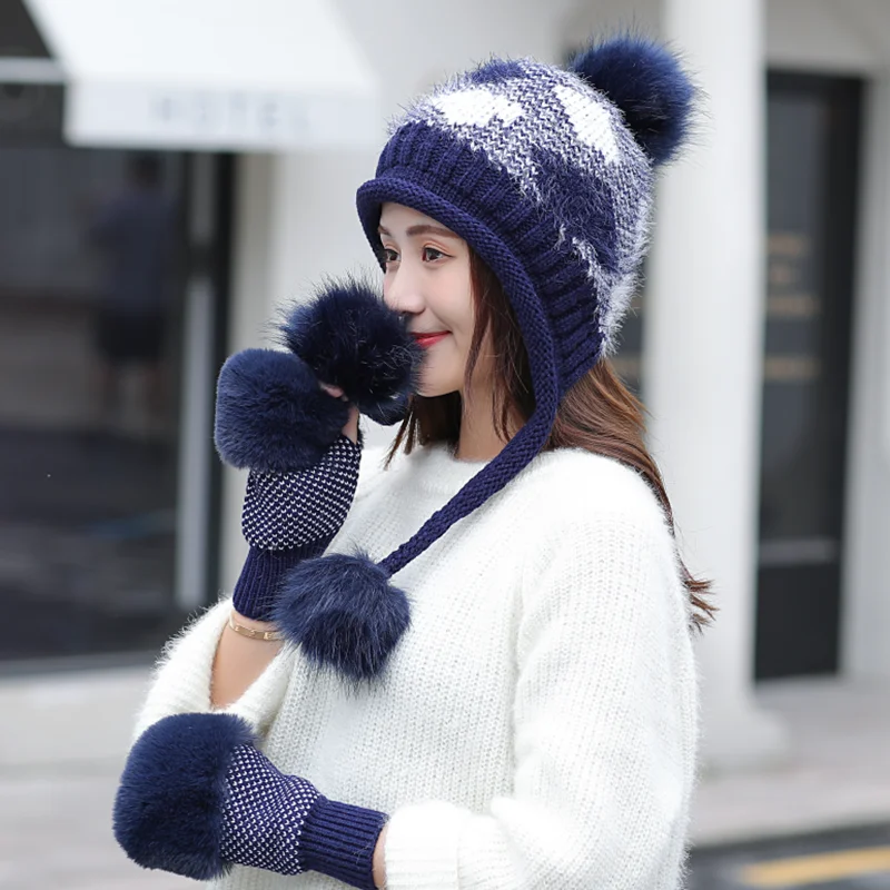 Новинка 2019 женская вязаная шапка и перчатки из кроличьего меха толстые теплые