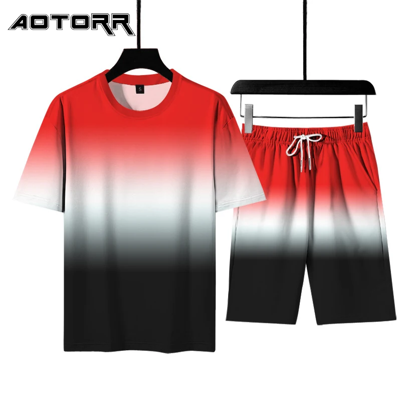 

Спортивный костюм мужской с шортами и принтом, Повседневная дышащая спортивная одежда в стиле пэчворк, градиентный комплект с коротким рук...