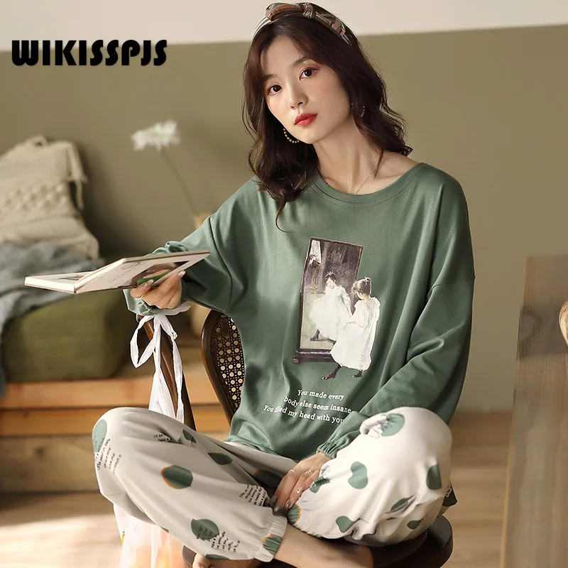 WIKISSPJS 2022 New Cotton Pajamas for Women In Autumn Crew Neck Korean Fashion Relaxed Home Suit  Lounge Wear  Sleep Tops