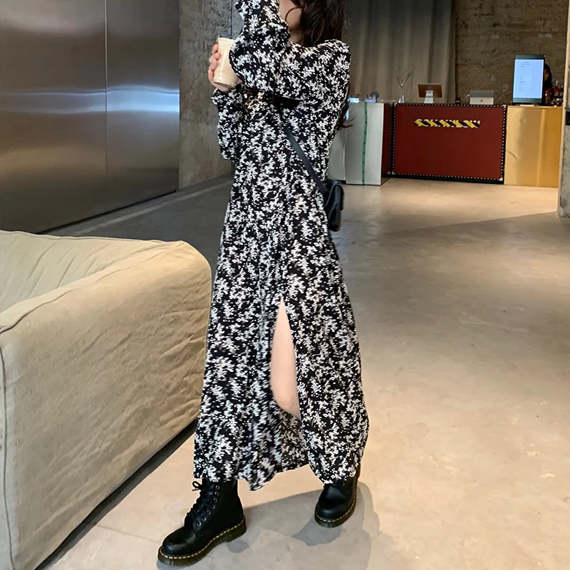 Осеннее женское платье с принтом свободное винтажное трапециевидной формы