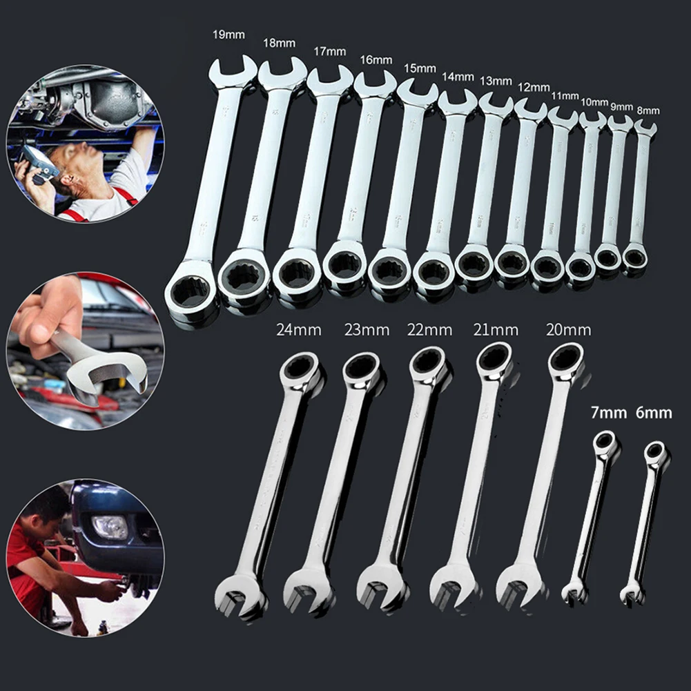 Трещоточный ключ с фиксированной головкой 6 24 мм 72 зубья двойного назначения