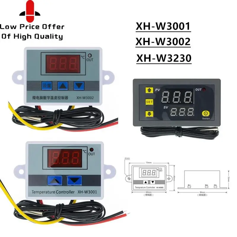 AC110-220V Digital LED Temperature Controller XH-W3001 XH-W3002 XH-W3230 Incubator Cooling Heating Switch Thermostat NTC Sensor |