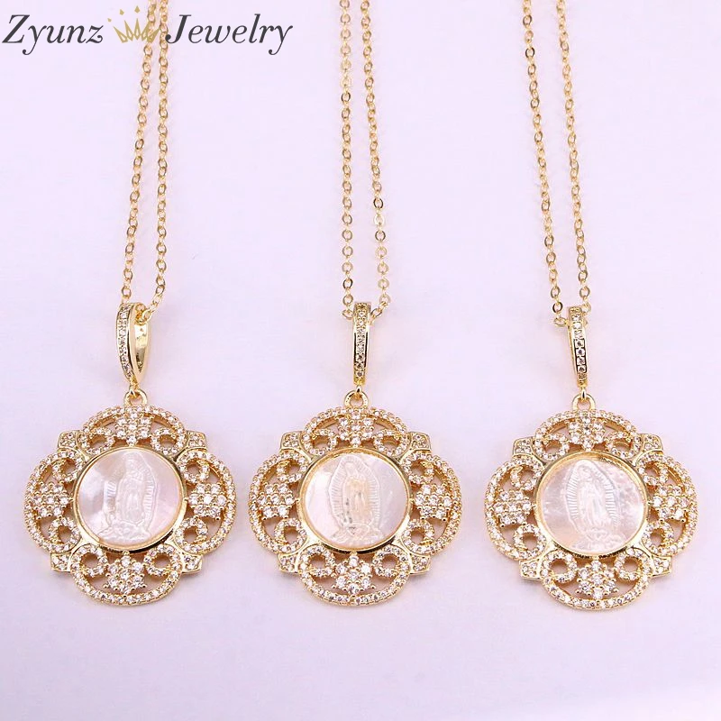4PCS, Flower Pendant Charm Golden Micro Paved CZ Jesus Mothr Of Pearl Jewelry Crystal Necklace
