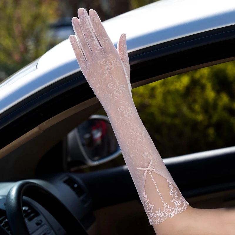 

Driving Gloves Knit Sexy Long Jacquard Hollow Mesh Lace Mittens Arms Black White Summer UV Sunshade Touch Screen Gloves