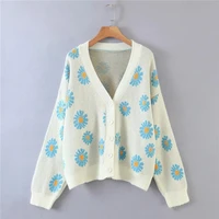 2021 new women spring autumn sweater floral daisy print v neck button long sleeve cardigan elegant ladies clothing tops