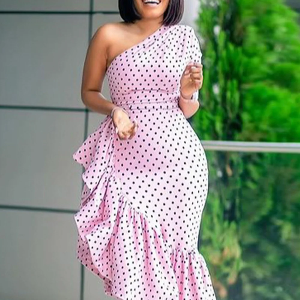 

Romantic Party Pink Dress Sexy One Shoulder Tunic High Waist Ruffle Irregular Vestidos Women Elegant Dinner Evening Summer Dress
