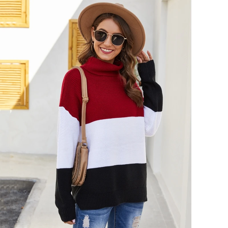 

Women Autumn Winter Long Sleeves Turtleneck Sweater Stitching Color Loose Pullover Casual Tops Knitted Sweater Jumper Streetwear