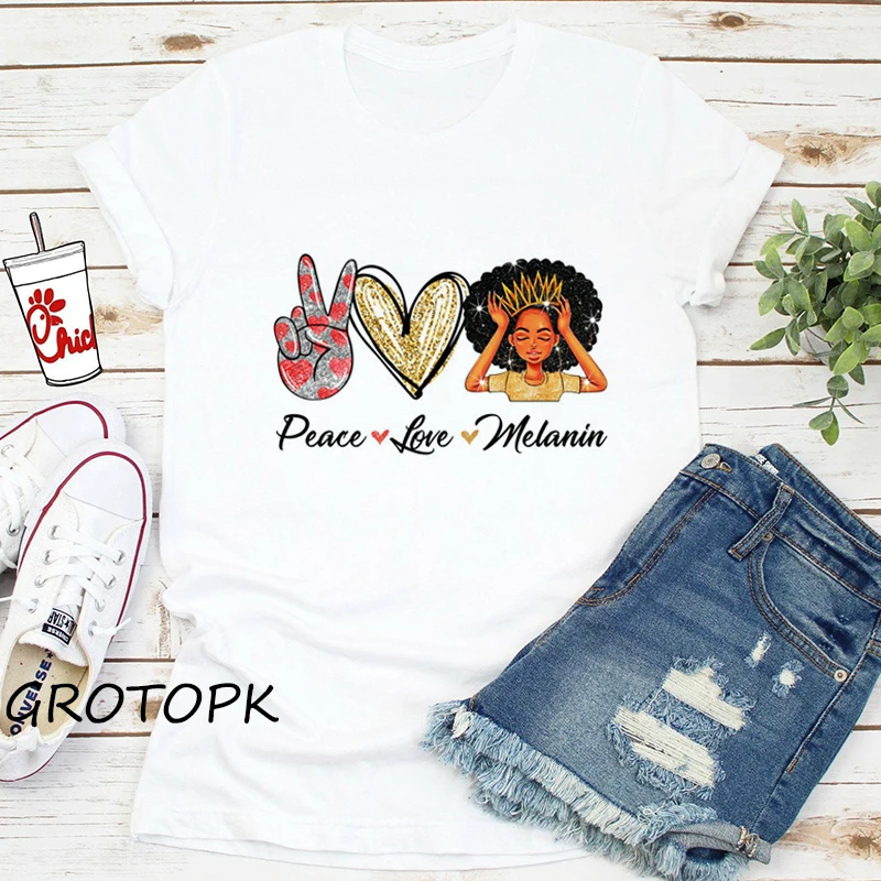 Melanin Poppin T-shirt Black Girl Harajuku Ulzzang T-Shirt Female Magic Korean Style Top Tee Shirts Woman Clothes | Женская одежда
