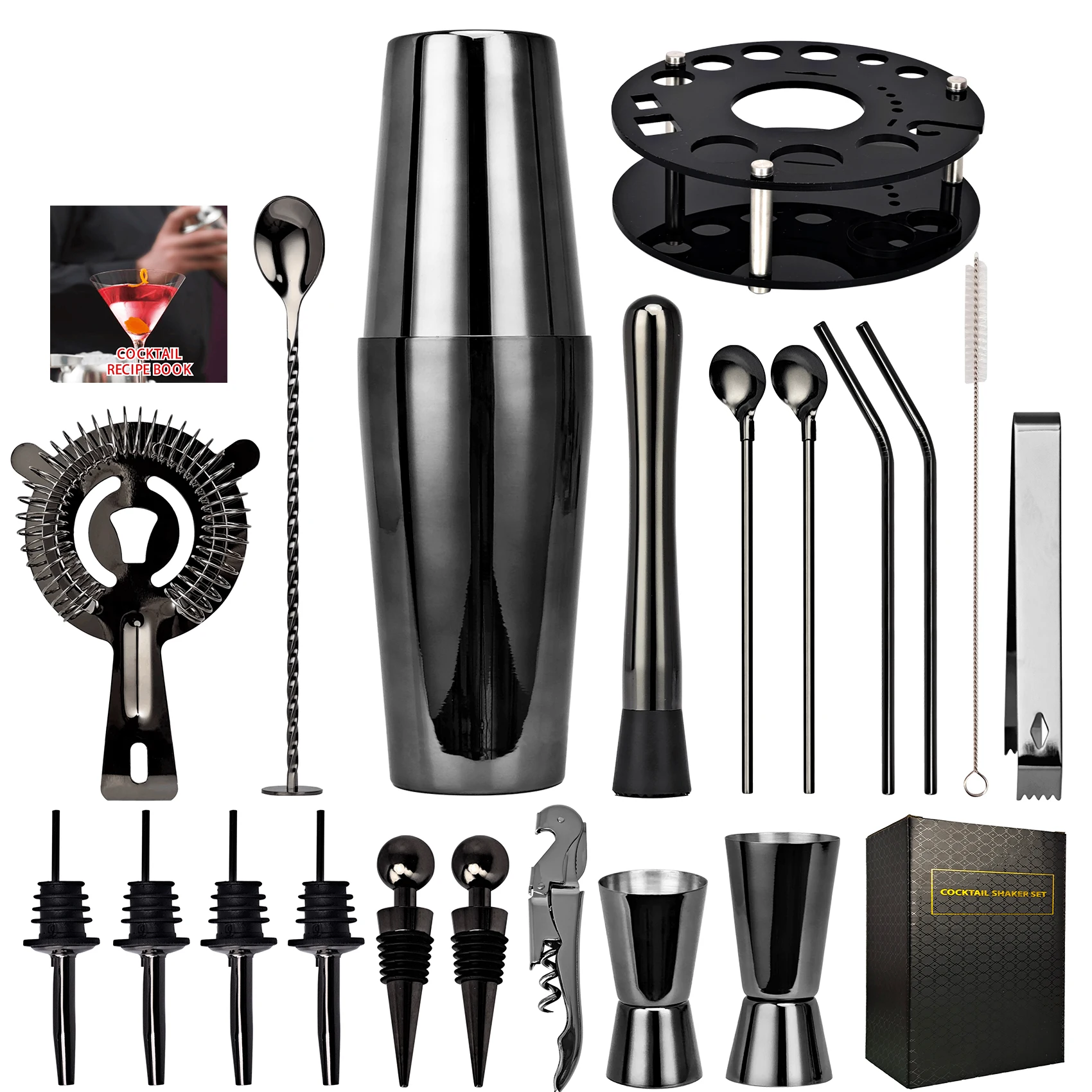 Kit de barman, juego de coctelera de oro rosa de 20 piezas con soporte acr&iacute;lico giratorio, para bebidas mezcladas, Martini, hogar, Bar-5