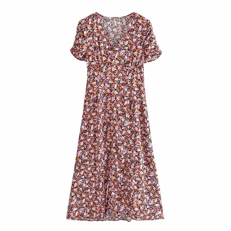 

YENKYE Vintage Floral Print Elegant Ladies Dress Short Sleeve V Neck Sexy Slits Slim Women Long Dress Summer Party Vestido