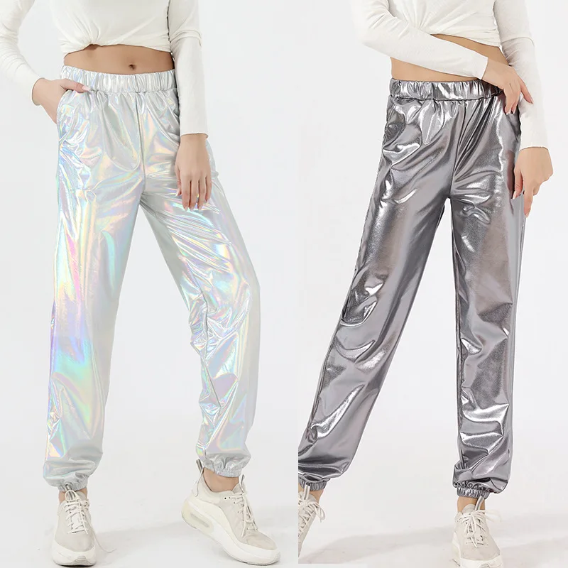 Женские Модные голографические брюки с высокой талией 12 цветов блестящие