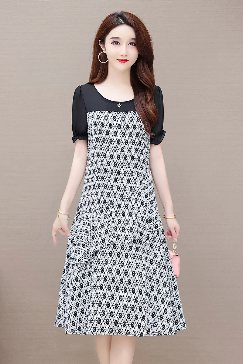 

Chiffon Loose Women's Dress New Fashion Casual Short Sleeve Dresses Mid-length Summer Floral Stitching O-neck Houthion