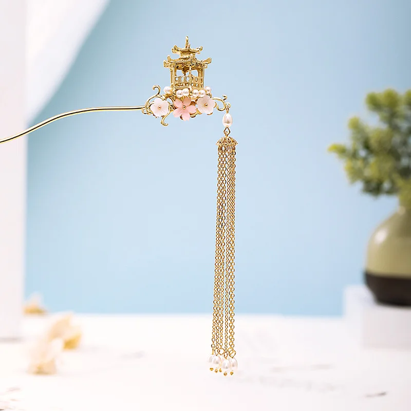 New Chinese Hanfu Dress Hairpins Clips Flower Pearls Gold Color Long Tassels Hair Fork Sticks Headpieces for Women Girls | Украшения и