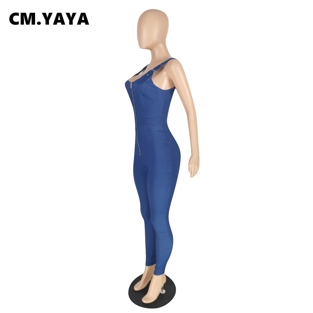 CM.YAYA Искусственные джинсы женские облегающие Комбинезоны на молнии Модный