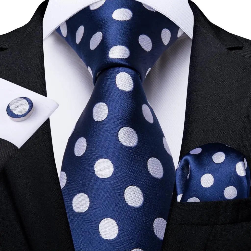 

New Fashion White Dot Blue Silk Tie Set Mens Wedding Party Tie Pocket Square Men Necktie Accessories Cravat Gift For Men DiBanGu