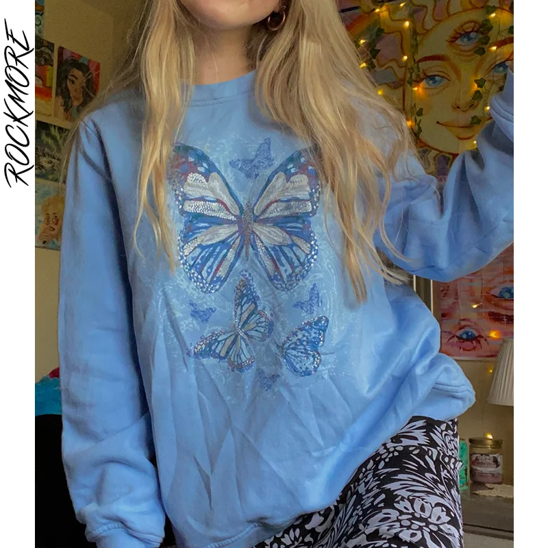 

Rockmore Butterfly Print Sweatshirts Autumn Oversized Pullovers Women Casual Loose Plus Size Long Sleeve Hoodie Top Korean