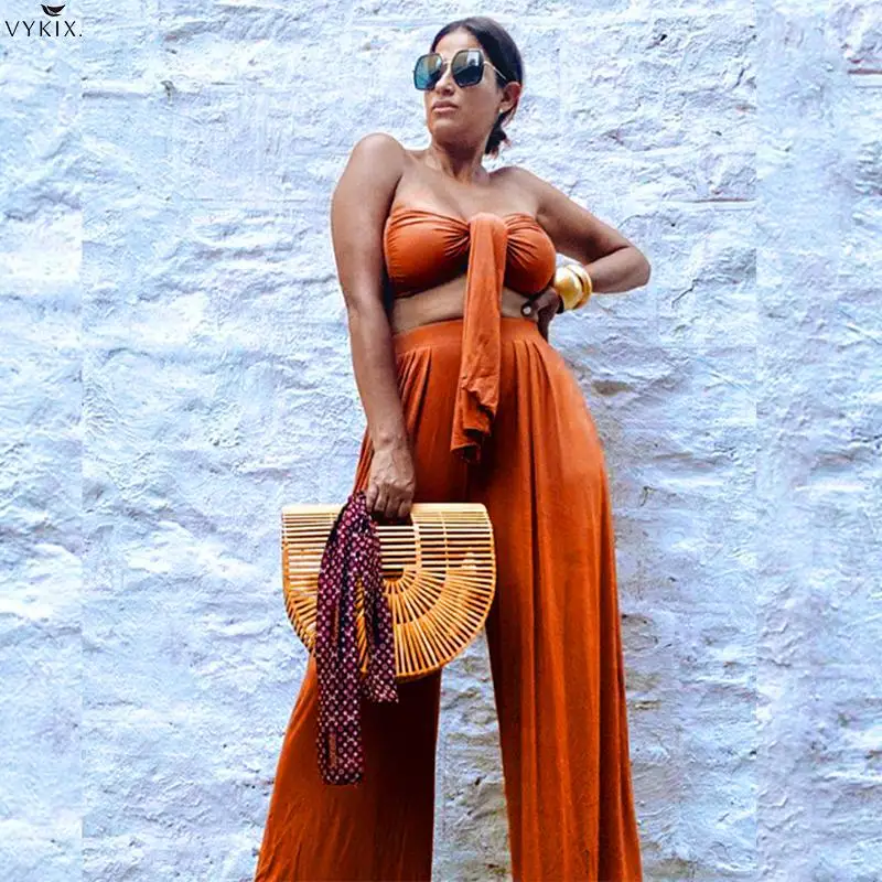 

2020 Womens Tracksuit Set Outfits Sexy Strapless Layer Tie Up Crop Top Wide Leg Pants Two Piece Set Top And Pants Party Clubwear