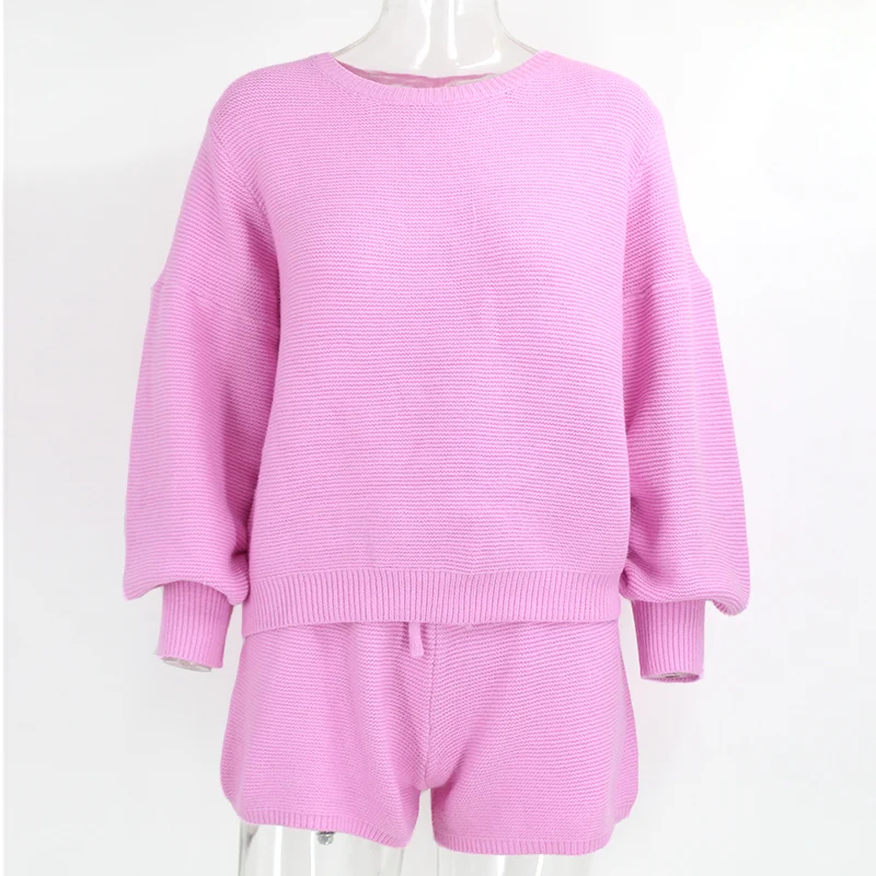 

Hola TeenYang Two Piece Set Knitted Sweater O Neck Long Lantern Sleeve Elastic Crop Top Bandage Shorts Autumn Causal Oudfits