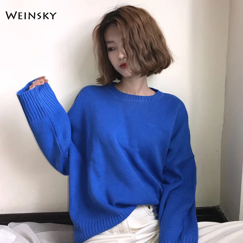 Свитер Женский вязаный однотонный с круглым вырезом Осень-зима 2019 | Женская