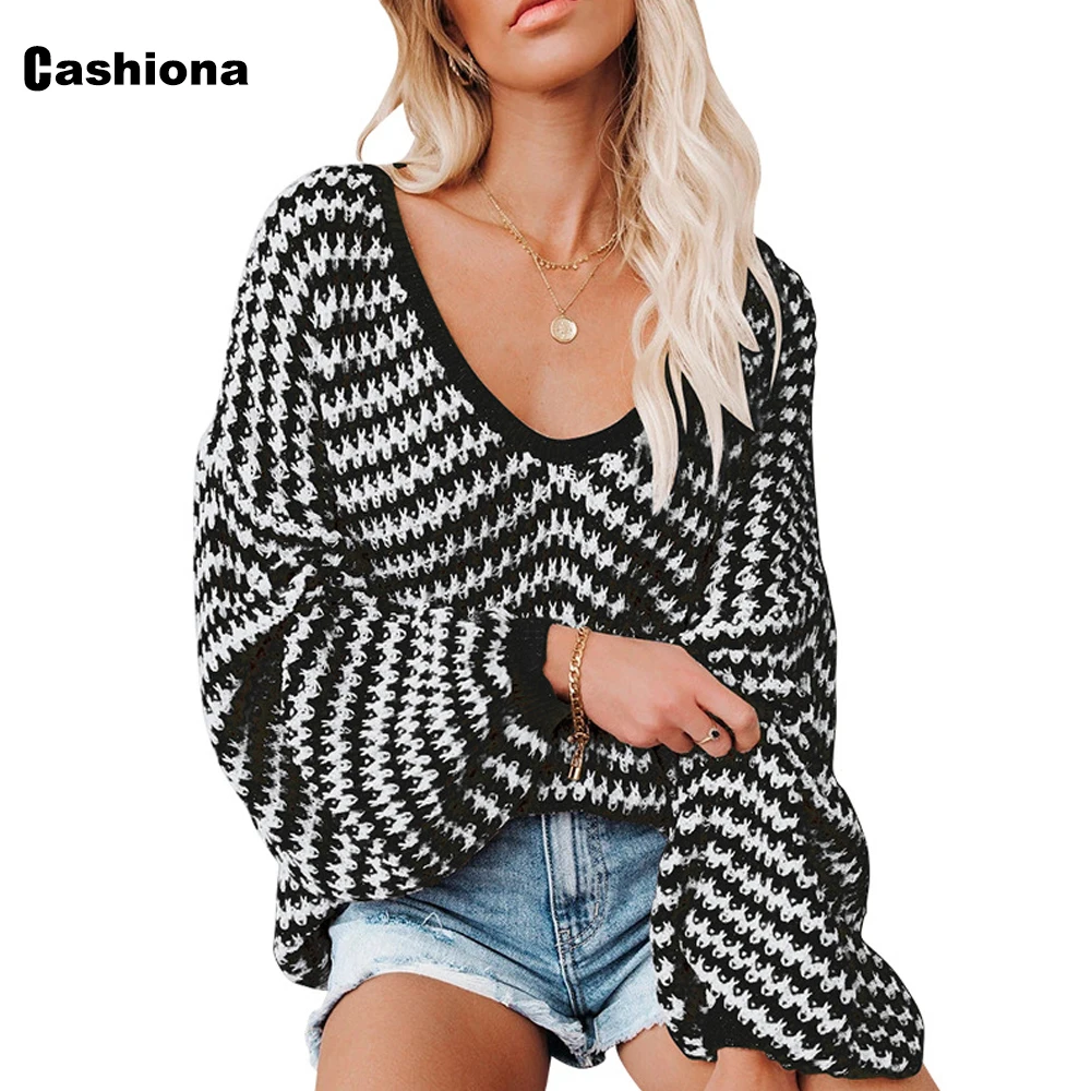 

Cashiona Women Sweaters 2021 Fashion Patchwork Stripe Top Cardigans Long Sleeve V-neck Knitted Sweater Femme Winter Warm Clothes