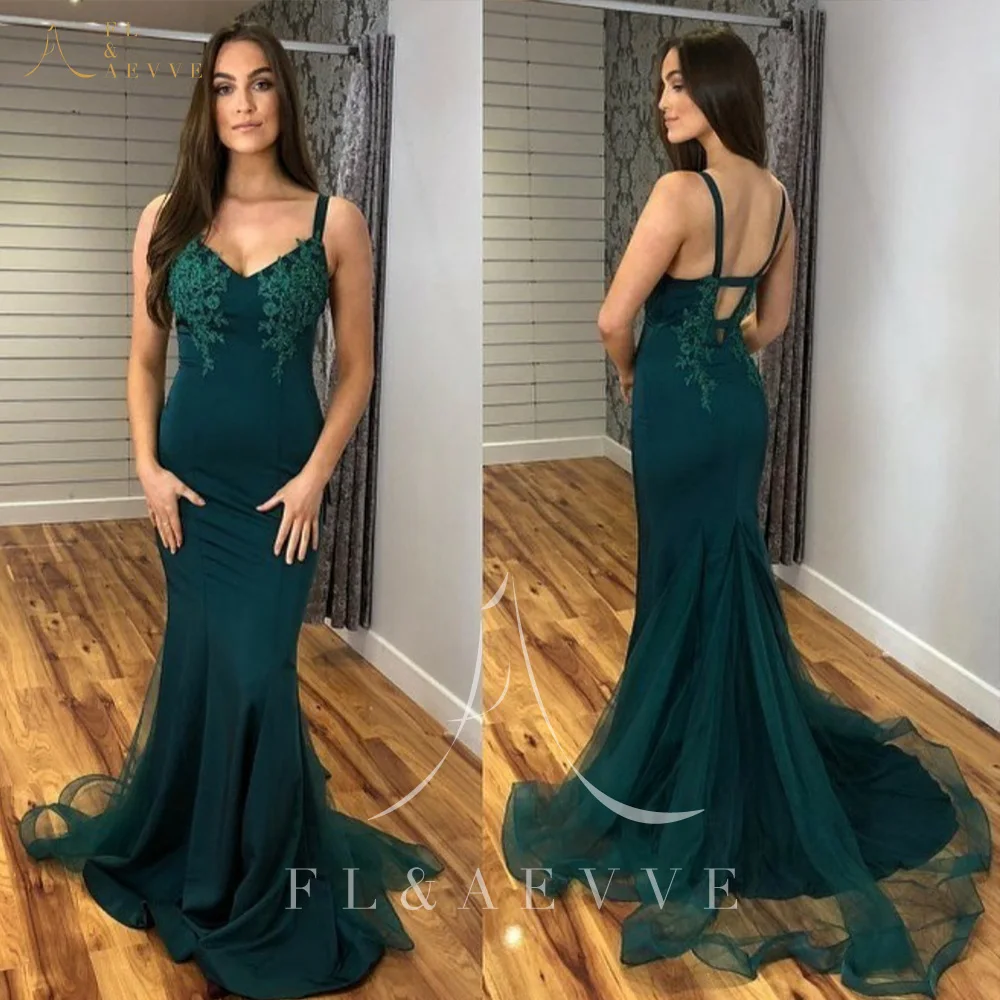 

Vintage Dark Green Tulle Mermaid Evening Dresses Backless Cross Straps Women Occasion Gowns Appliques Formal Dress Plus Size