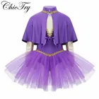 Трико для девочек, блестящее, Сетчатое, без рукавов, с бантом и накидкой, платье для ролевых игр