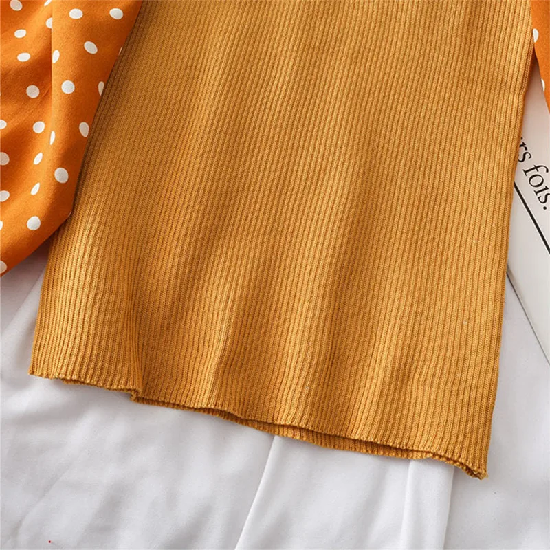 

Retro Lantern Sleeve Off-shoulder Tops Long Sleeve Polka Dot Tight Fit Blouse Spring Ladies Basic Shirt Casual Tops #B2