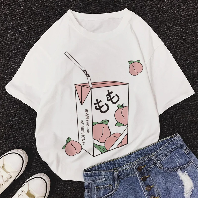 White T-shirt Women Cartoon Peach Juice Japanses Aesthetic Grunge Pink T Shirt Harajuku Cute Kawaii Summer Casual Tshirt Tops | Женская