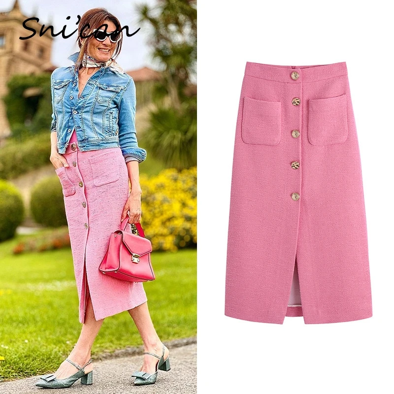 

Snican Однотонная юбка миди на пуговицах с высокой талией с разрезом и карманами модная офисная Женская юбка 2021 Женская длинная юбка Новинка