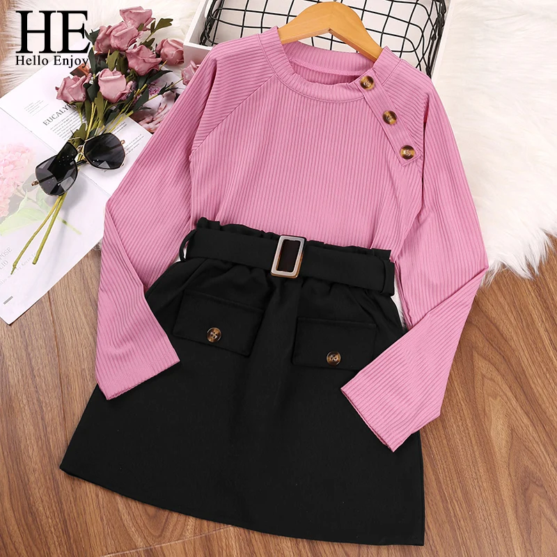

HE Hello Enjoy Kids Baby Girls Clothes 2pcs Suit Pink Long Sleeve Top + Black Belt Skirt For Autumn Spring Teenager Outfits