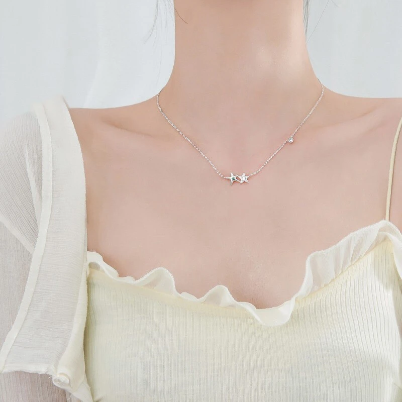 Оптовая продажа Серебряный цвет двойная звезда Подвеска Ожерелье AAA циркон