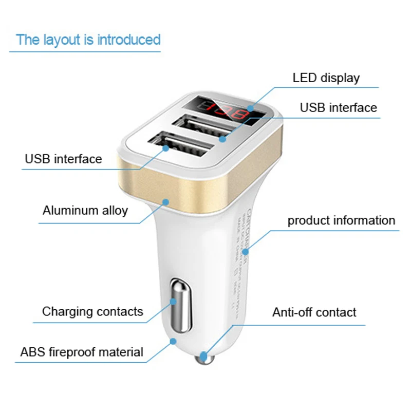 2 зарядных порта USB для автомобиля Зарядное устройство 5V 2.1A с светодиодный Экран