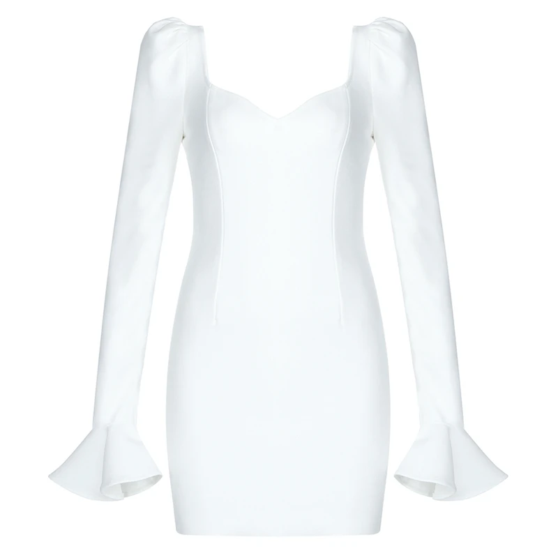 

2019 New Fashion Style Elegant White Flare Sleeve Bandage Dress Deep V-Neck Party Black Outfit Autumn Dress Vestido Dropshipping
