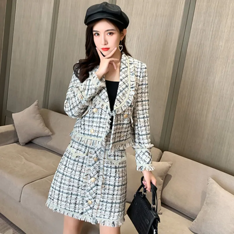 Женский комплект из двух предметов двубортный твидовый шерстяной пиджак с