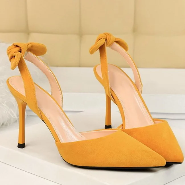 Boussac Elegant Bowtie Slingback High Heel Women Pumps Sexy Pointed Toe High Heels Ladies Shoes Suede Thin Heel Party Shoes B233