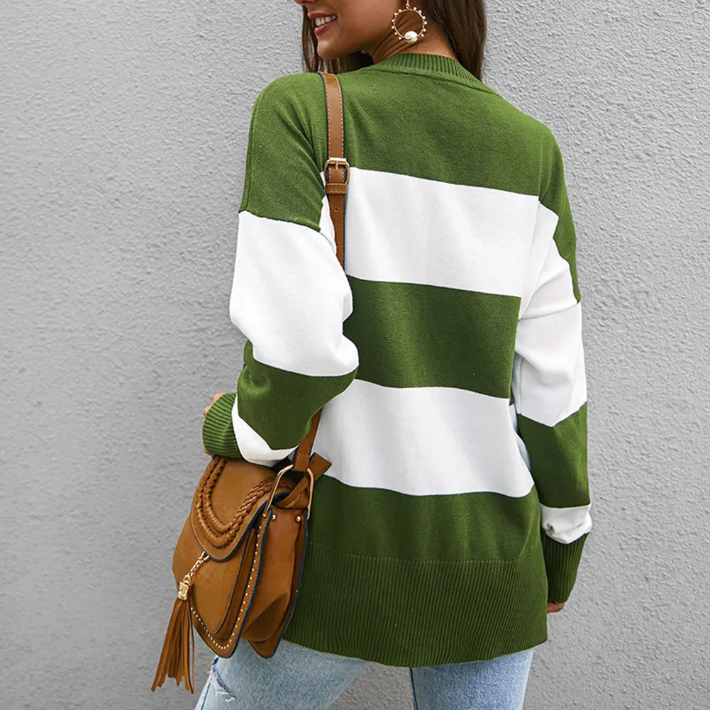 Женский полосатый пуловер вязаный свитер с круглым вырезом и длинным рукавом