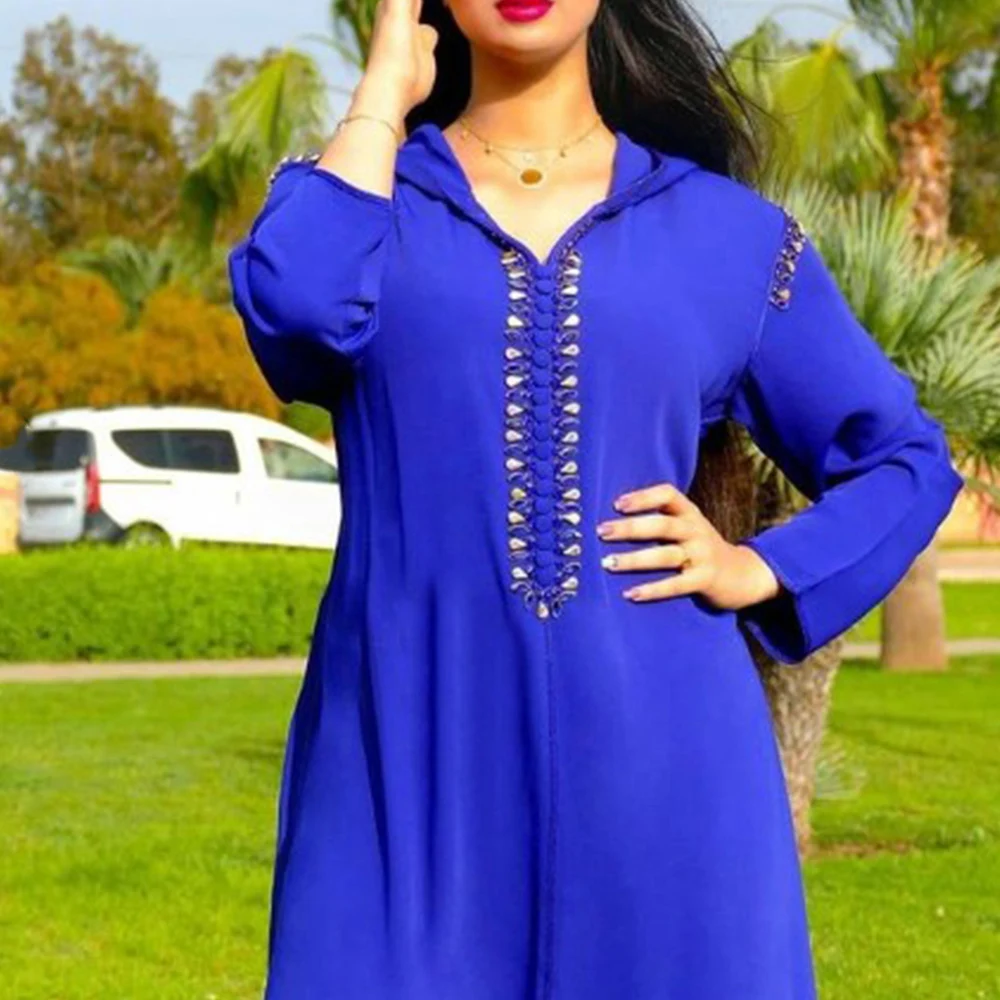 

Jellaba Long Dresses Women Fashion Diamond Beads Buttons Chic Hooded Riched Muslim Hijab Dubai Abaya Vintage Female Maxi Dress