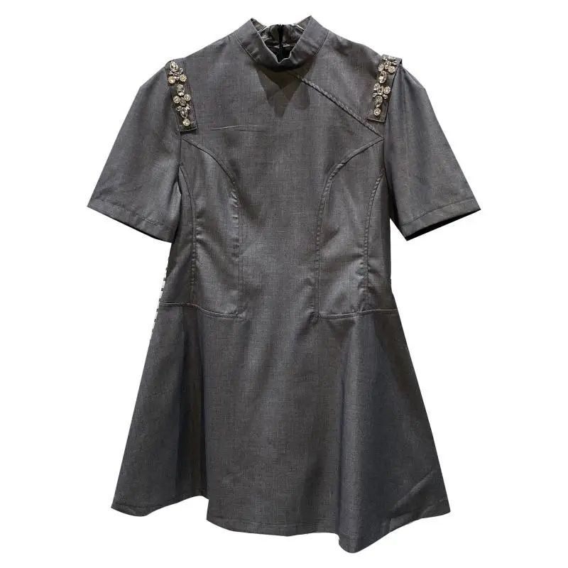 

2021 Summer Dress Shoulder Grain Water Drill Nail Bead Waist Design Short Sleeve Dress