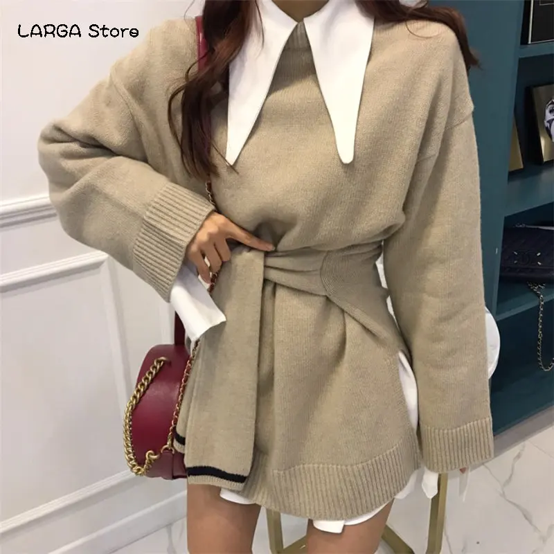 

Autumn Casual Knitted All-Match Basic Loose Lace Up Office Ladies Patchwork High Quality Full-Sleeved Pullovers Sweaters