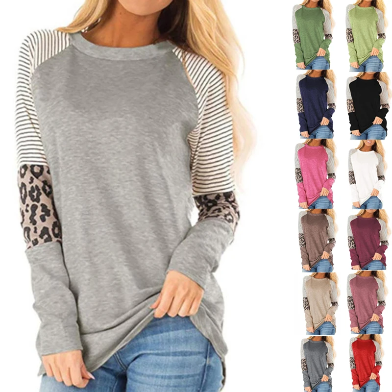 

Women's Leopard Print Color Block Tunic Round Neck Long Sleeve Shirts Striped Causal Blouses Tops
