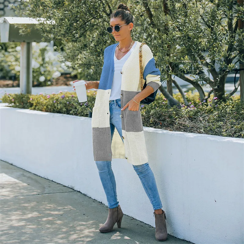 

Women's Oversized Knitted Cardigan Patchwork V-Neck Long Sleeves Single Breasted Pockets Loose Knitting Cardigans Autumn 2021