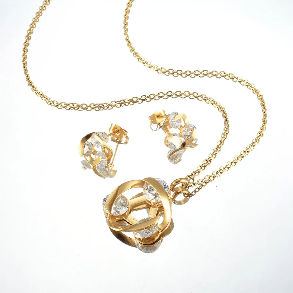 

Stainless Steel Necklace Earings Jewelry Set For Women Gift Suit Rhinestone Seted Pendant Choker Clavicle Chain Ear Studs