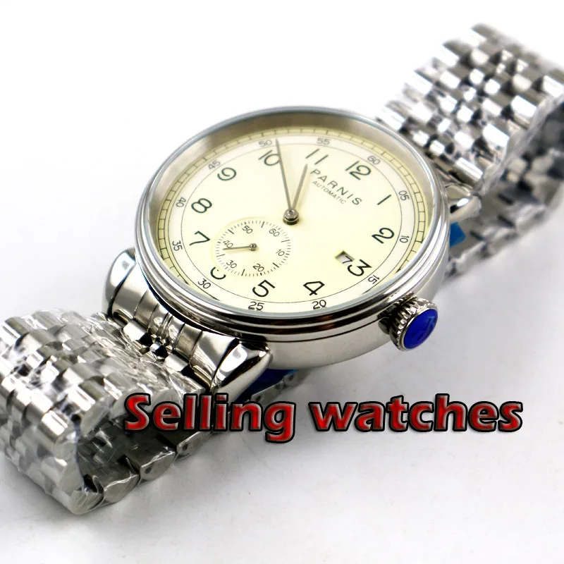 42 мм PARNIS бежевый циферблат индикатор Даты ремешок из нержавеющей стали